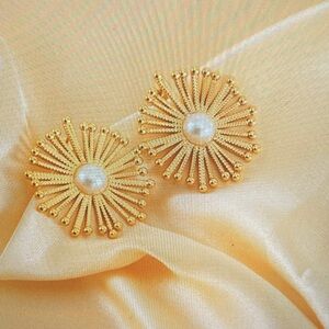 Elegant Gold Pearl Sunburst Earrings